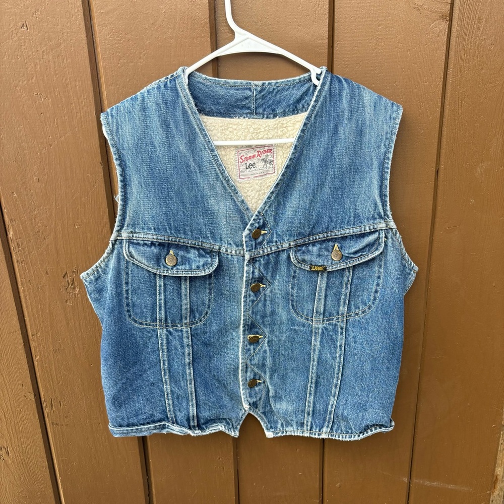 Vintage 70s 80s Lee Storm Rider Dark Wash Sherpa Fleece Denim Vest USA Medium